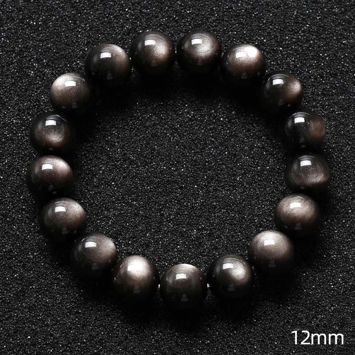 Obsidian Armband Silber mit schwarzen glänzenden Perlen Flachaufnahme 12mm