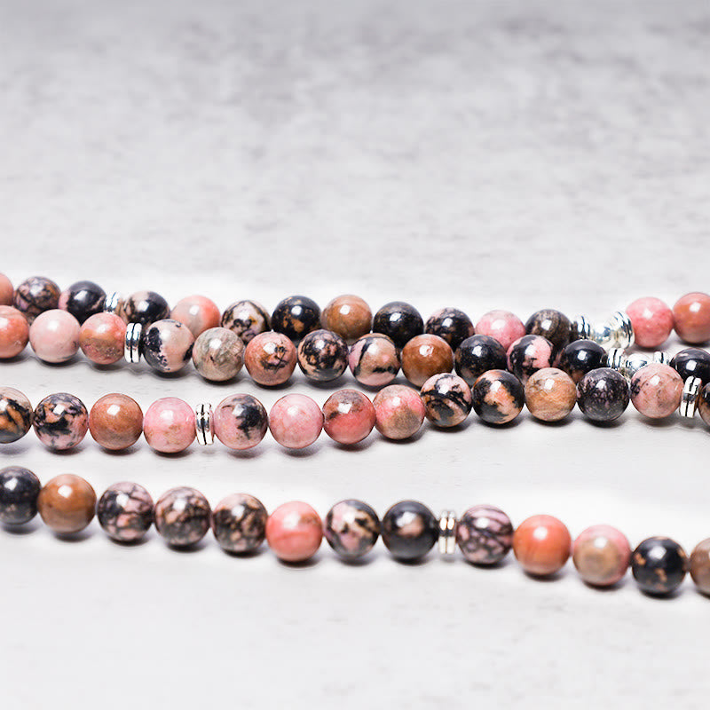 Mala Rhodonit Lotus Perlen Strang rosa schwarze Natursteine Schmuck