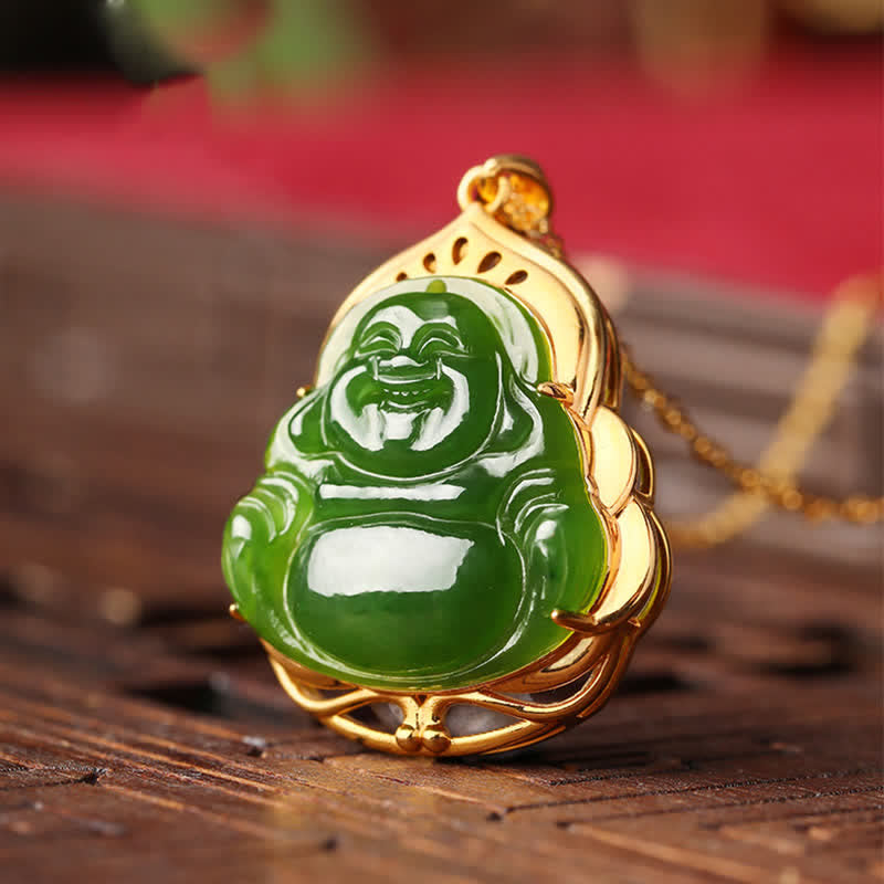 Lachender Buddha Jade Kette Gold Anhänger