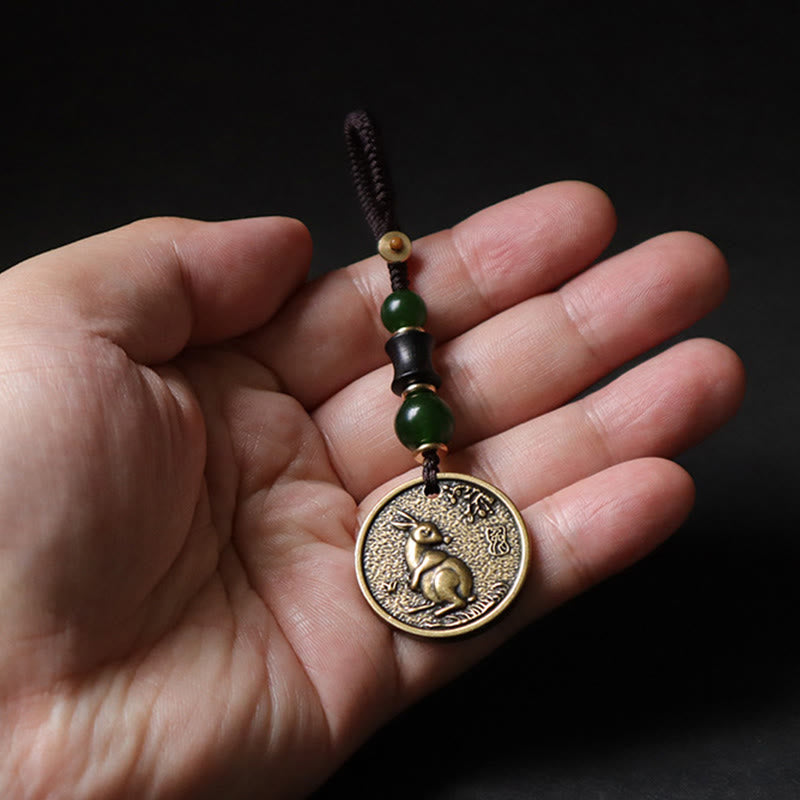 Schlüsselanhänger Pferd Bagua Kupfer Jade Perlen Feng Shui Glücksbringer spirituell