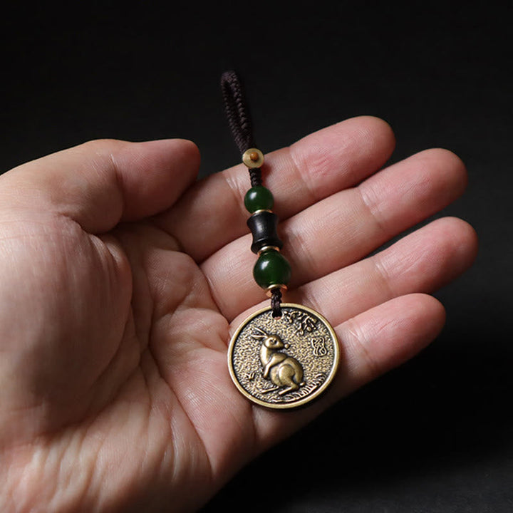 Schlüsselanhänger Pferd Bagua Kupfer Jade Perlen Feng Shui Glücksbringer spirituell
