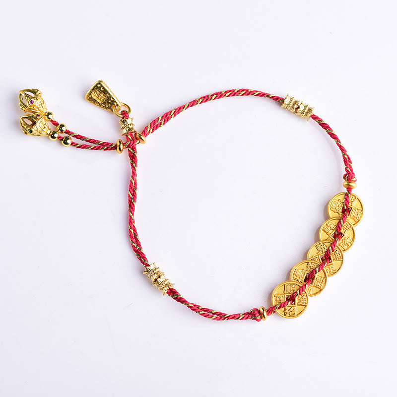 Armband Kupfer Fünf Kaiser – Balance mit roter Kordel und Goldmünzen