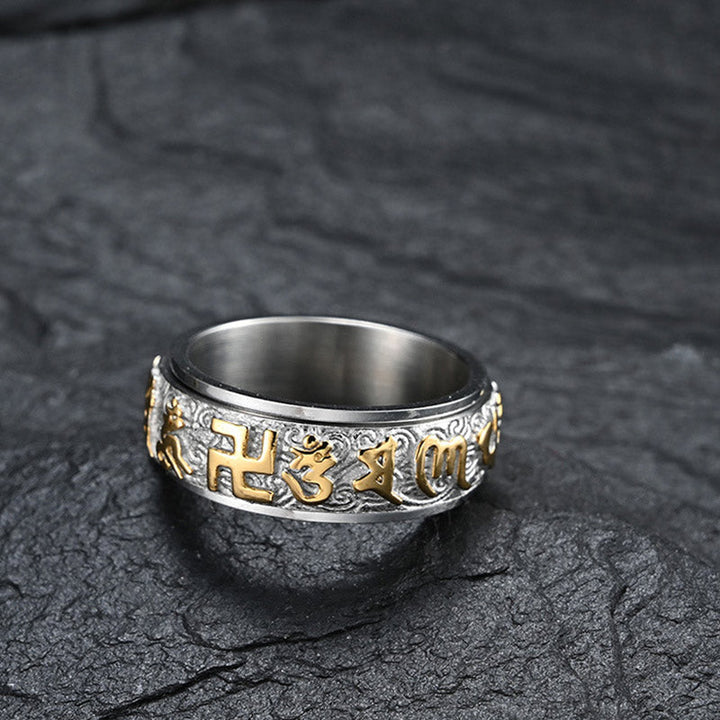 Ring Titanstahl Sechs Wahrheitsworte goldene Gravur Buddhismus Balance Ruhe Meditation