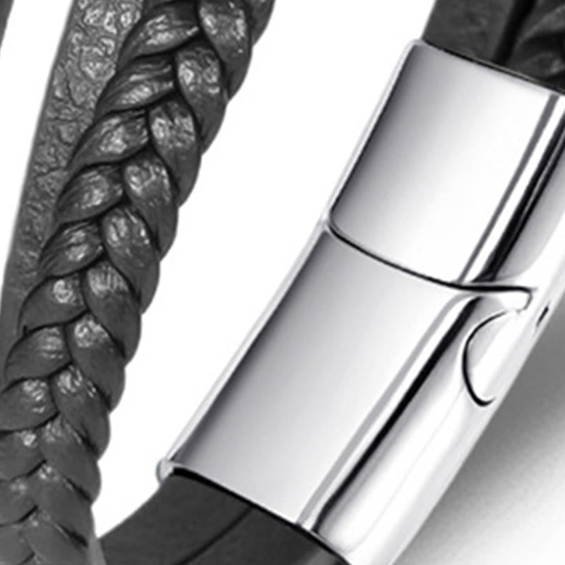 Armband Böses Auge Balance geflochtenes Leder Edelstahl Magnetverschluss Detailansicht Schwarz