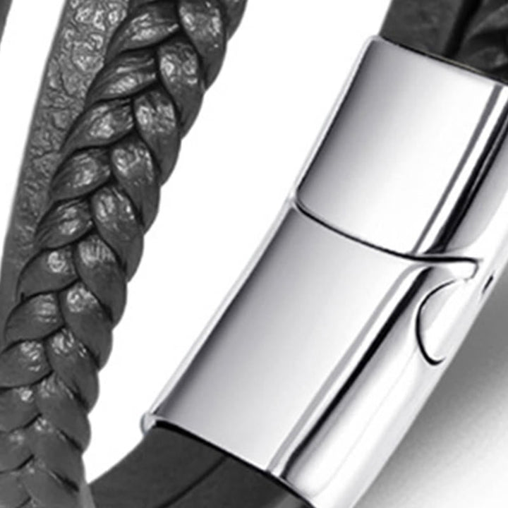 Armband Böses Auge Balance geflochtenes Leder Edelstahl Magnetverschluss Detailansicht Schwarz