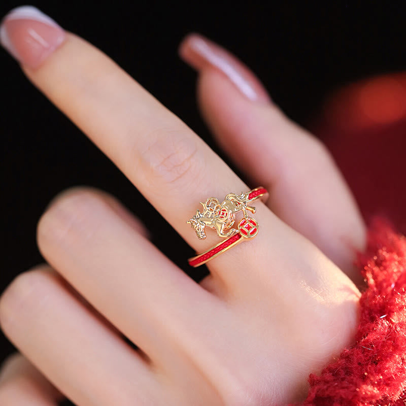 Pixiu Kupfer Ring rote Schnur Pferdjahr Fengshui Balance Glück Schutz