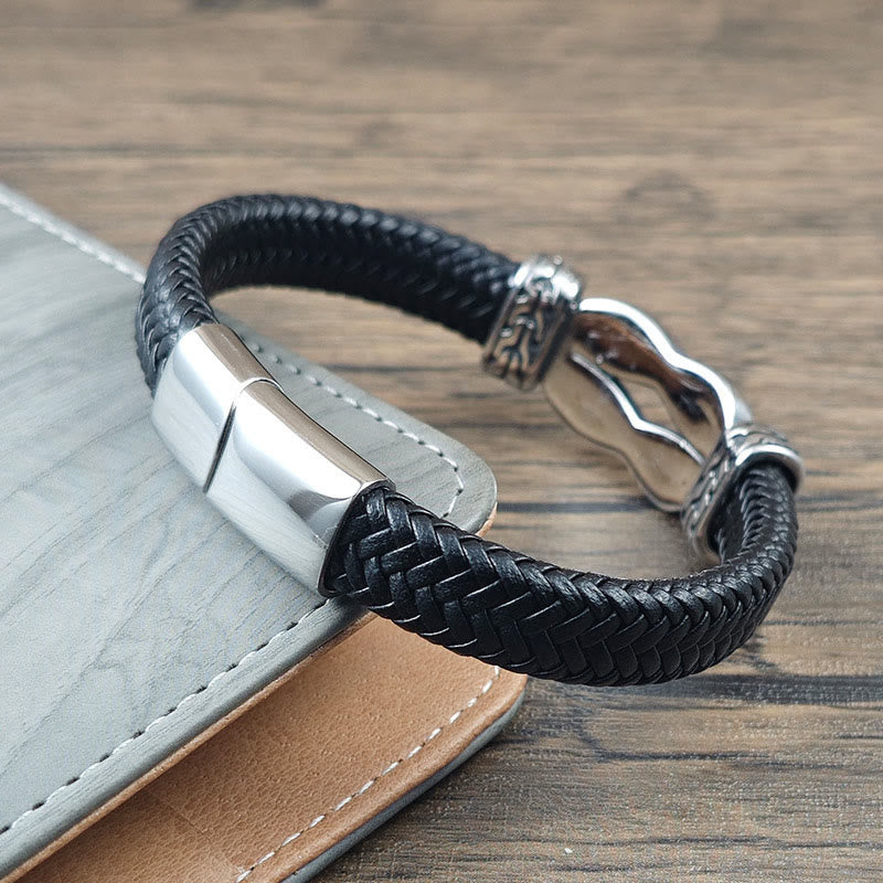 Armband Leder Knot Braided – Balance schwarz geflochten Edelstahl Verschluss Handgelenk