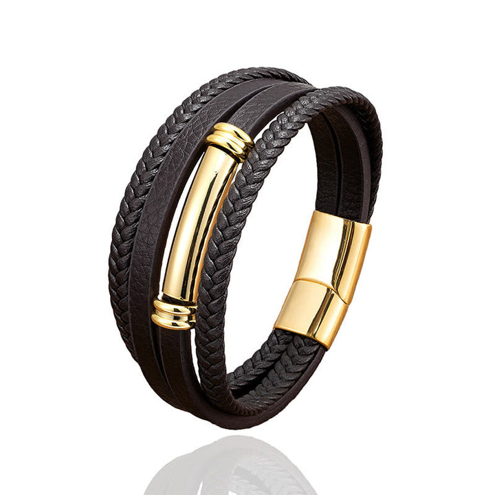 Armband Leder Multi Layered – Balance schwarz geflochten goldener Magnetverschluss Herren