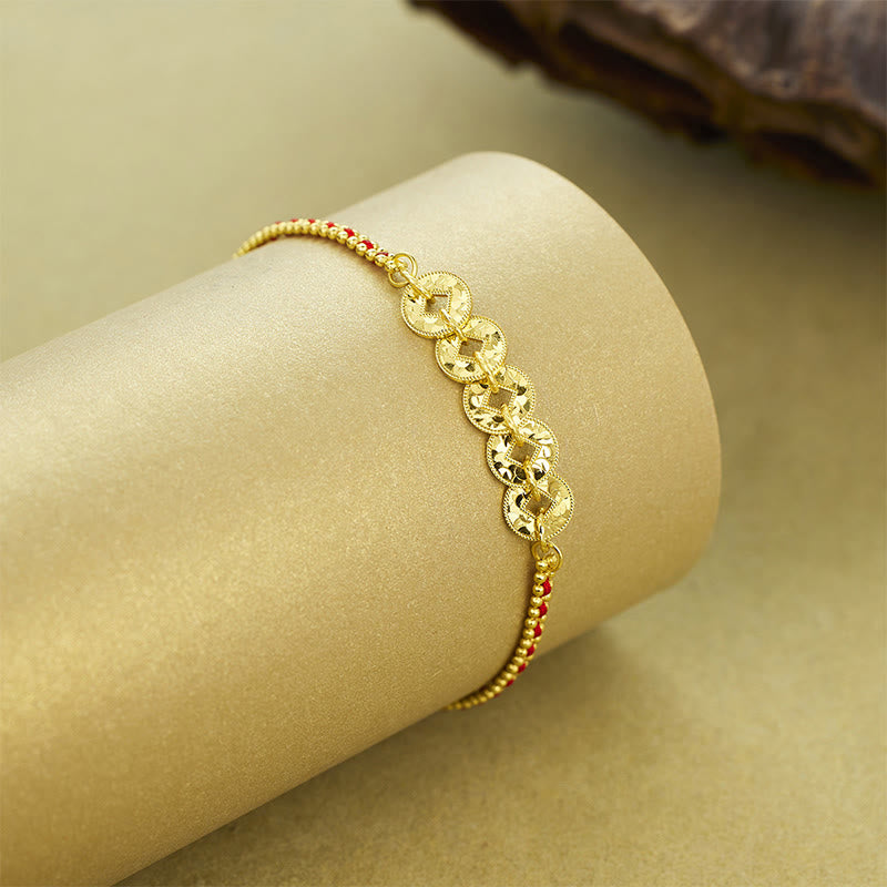 Goldenes Armband 925 Silber Balance Energie filigrane Münzen rote Perlen Handgelenk