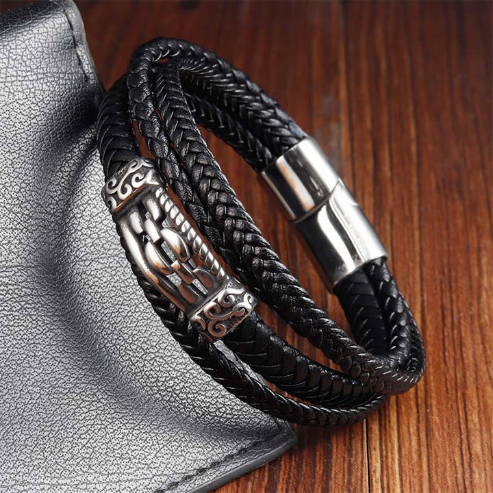 Schwarzes Lederarmband mit Silber Chain Link Balance Verschluss