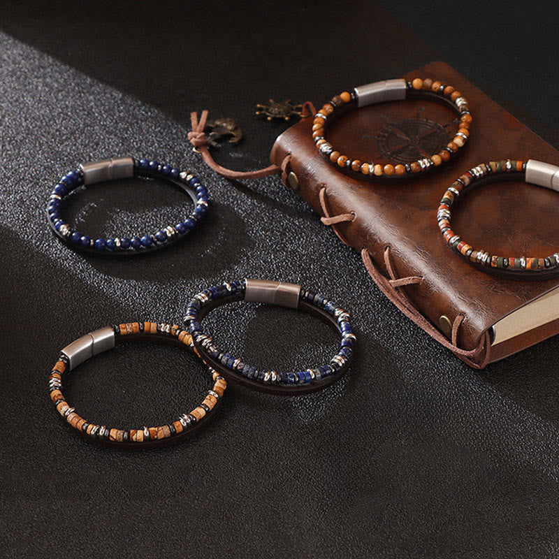 Armband Lapislazuli Tigerauge Balance Leder Edelsteine Magnetverschluss Herren Handgelenk