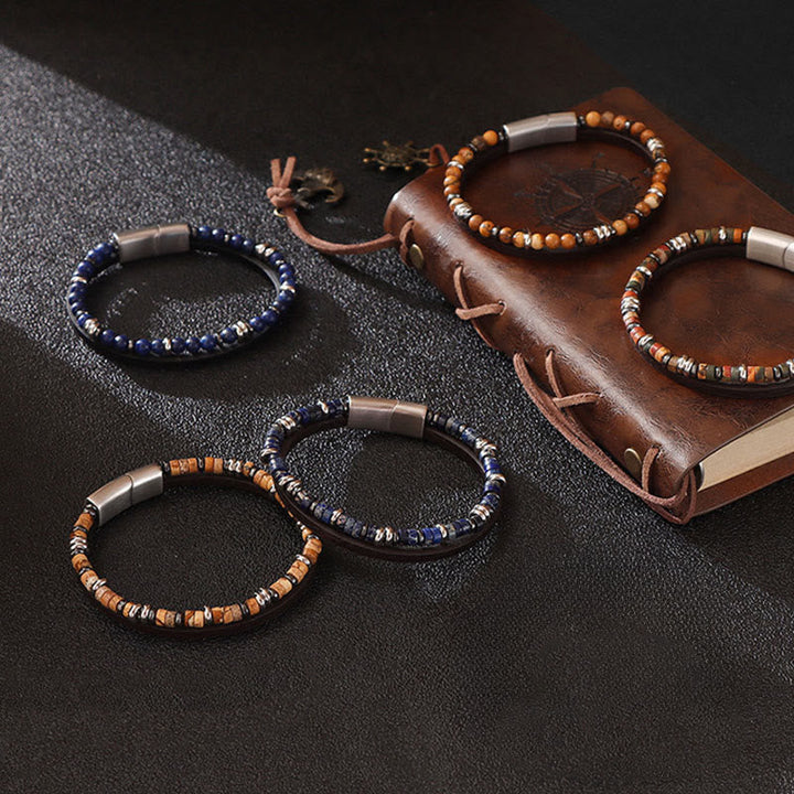 Armband Lapislazuli Tigerauge Balance Leder Edelsteine Magnetverschluss Herren Handgelenk