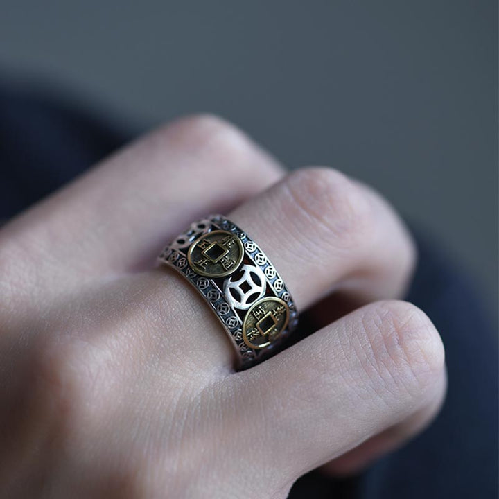 Ring Fünf Kaisermünzen Balance Fengshui Schutz Glück Kupfer Fingerring