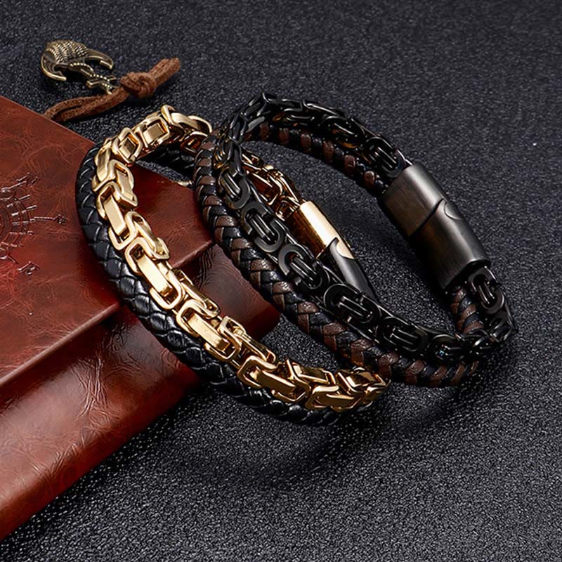Armband Leder Link Chain – Balance aus Edelstahl gold schwarz Herren Handgelenk