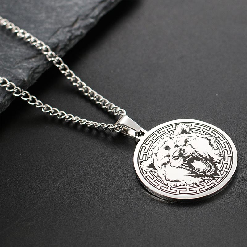 Kette Titanstahl Tier-Amulett Schutz Wolf Medaillon silber