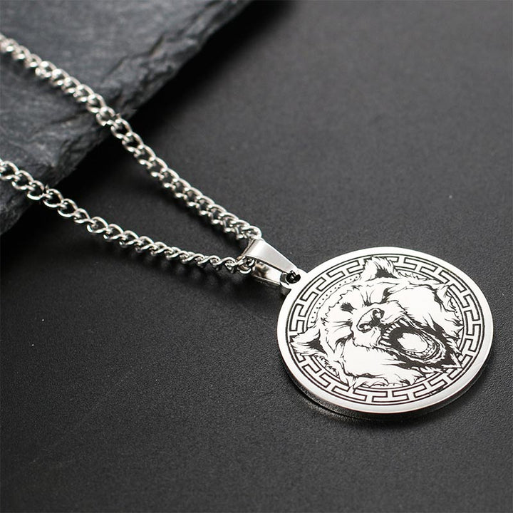 Kette Titanstahl Tier-Amulett Schutz Wolf Medaillon silber