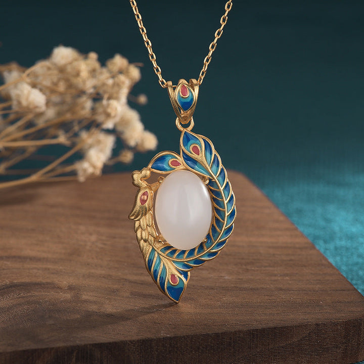 Kette Weiße Jade Pfau Gold Segen
