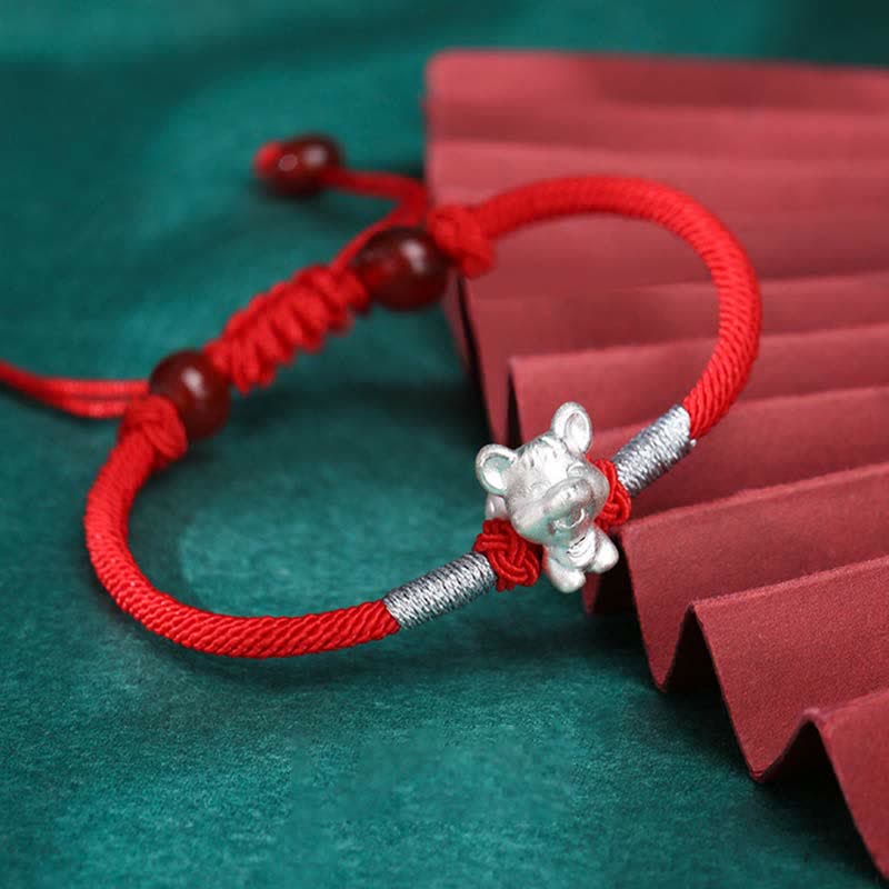 Rotes Armband 925 Silber Chinesisches Tierkreis Maus Glück Stärke Flachaufnahme