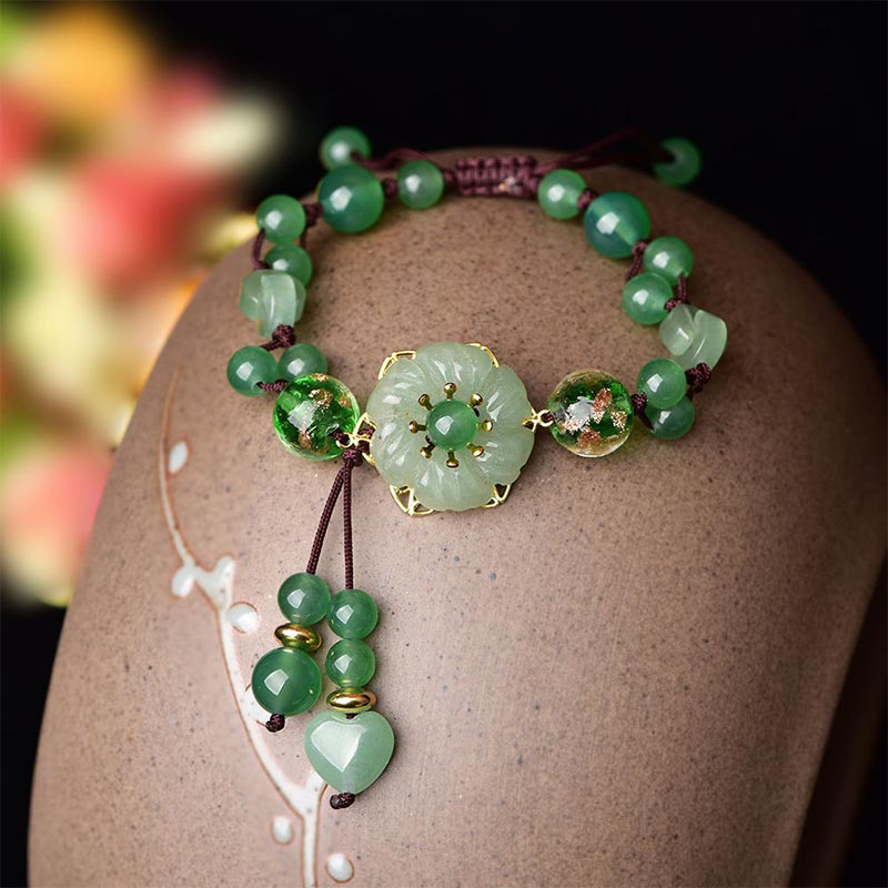 Armband Grüner Jade Glück Blume Anhänger