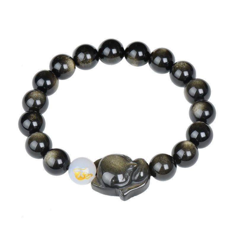 Obsidian Armband mit Silber Fuchs Anhänger schwarze Perlen Heilung