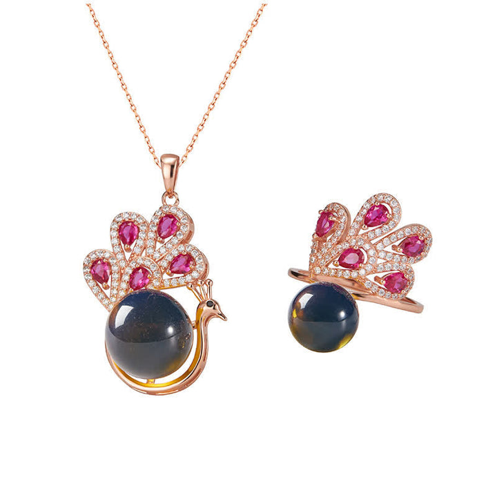 Schmuck Set Pfau, Kette Bernstein, Liebe Ring, Edel Gold
