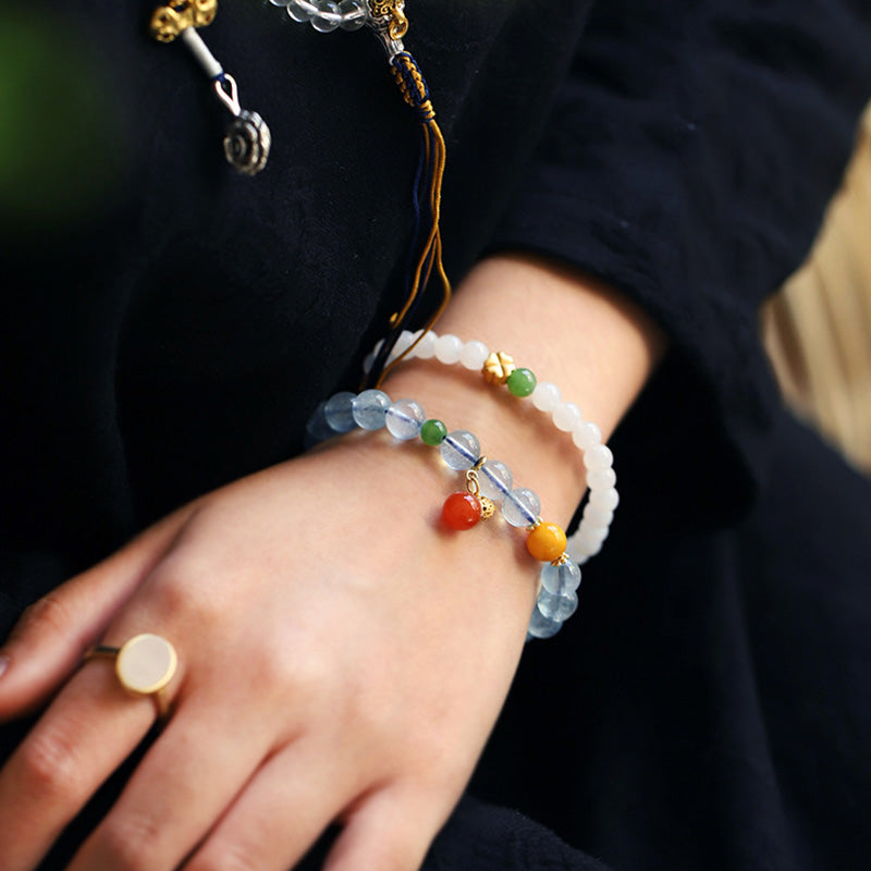 Armband Aquamarin Roter Achat – Frieden elastisch Naturstein Handgelenk getragen