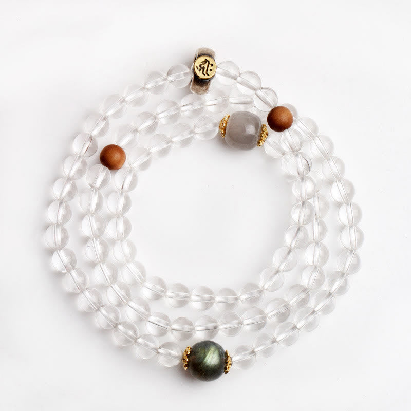 Armband 925 Silber Weißer Kristall Chinesisches Tierkreis elastisch Naturstein