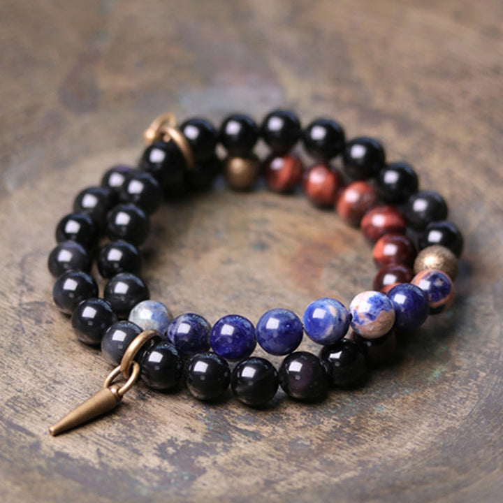 Armband Schwarzer Obsidian Kristall mit bunten Steinen elastisch.