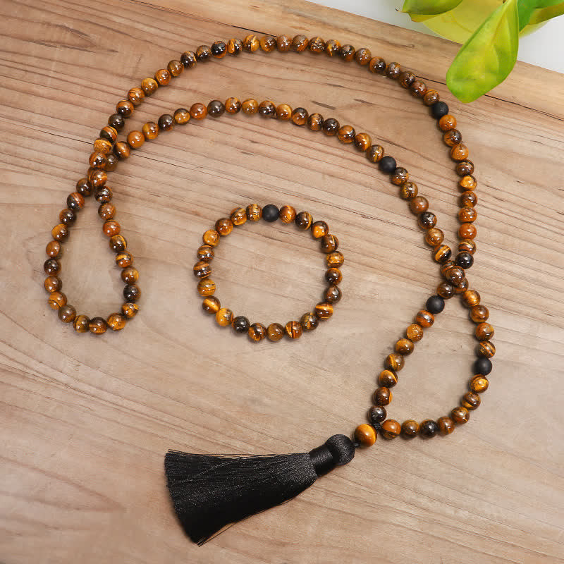 Mala 108 Perlen Tigerauge mit schwarzer Quaste Holzuntergrund Schutz