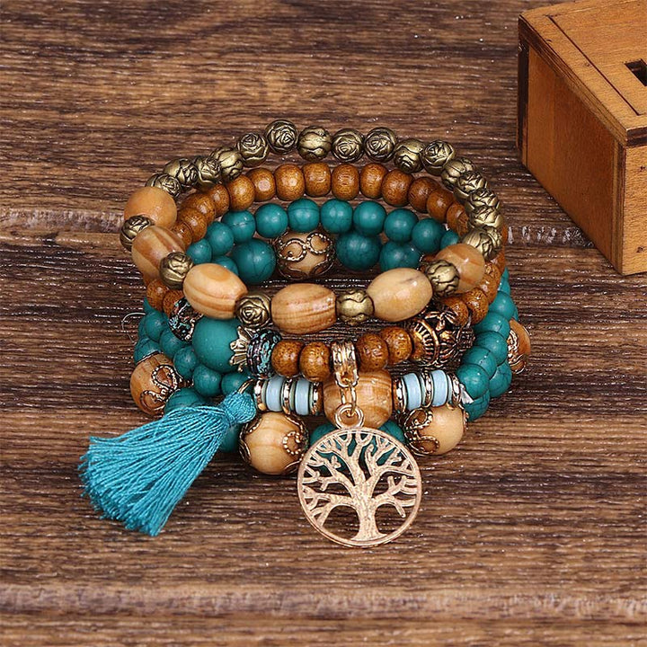 Armband – Heilung mit Türkis Holzperlen und Baum Anhänger elegant