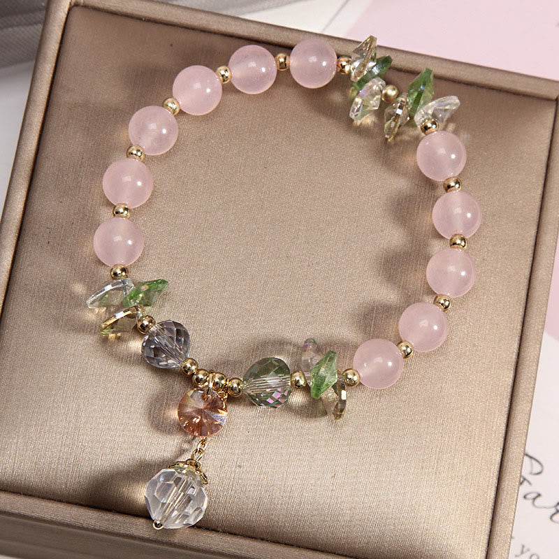 Rosaquarz Armband Kristall mit grünen Perlen Geschenkbox elegant.