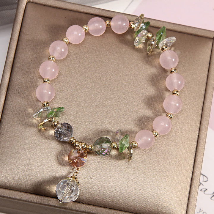 Rosaquarz Armband Kristall mit grünen Perlen Geschenkbox elegant.