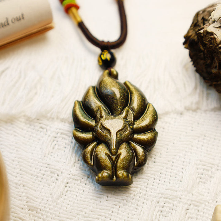 Kette Obsidian Neunschweif-Fuchs Bronze Anhänger schwarze Schnur Halskette