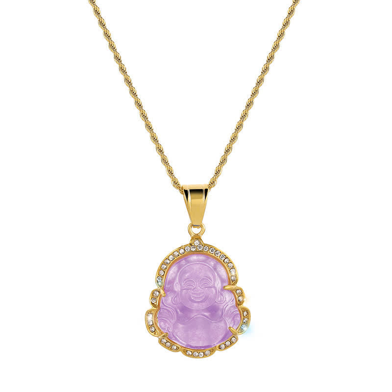 Kette Jade Buddha Lachen lila Stein Goldfarben Anhänger Schmuck