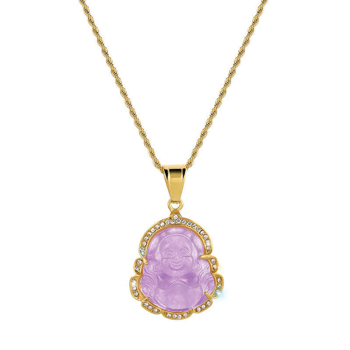 Kette Jade Buddha Lachen lila Stein Goldfarben Anhänger Schmuck