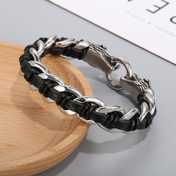 Armband Drachen Schutz Glück Balance schwarzes Leder Silber Verschluss