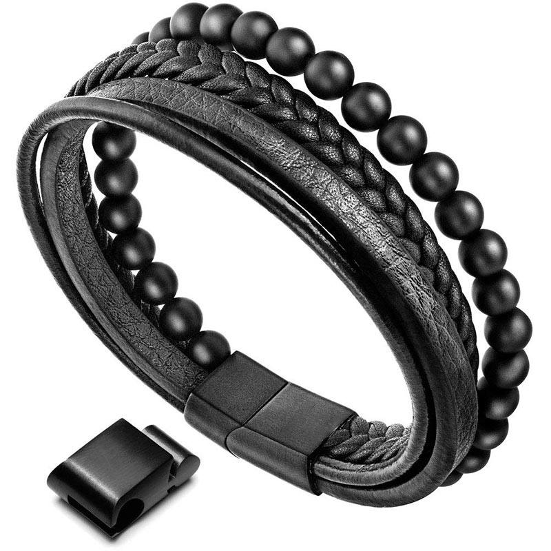 Armband Lava Stein Schwarz Onyx Leder