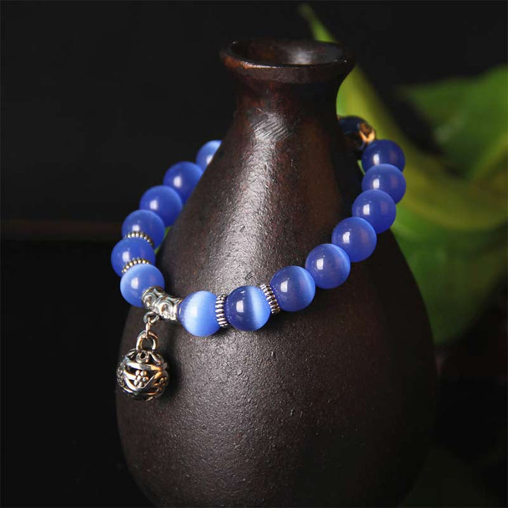 Blaues Achat Armband mit Katze Glück Charm Silber elegant