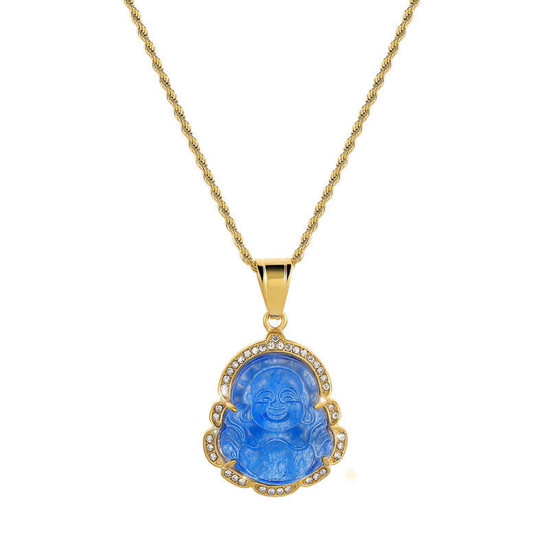 Goldene Kette mit blauem Jade Buddha Lachen Anhänger und Kristallen