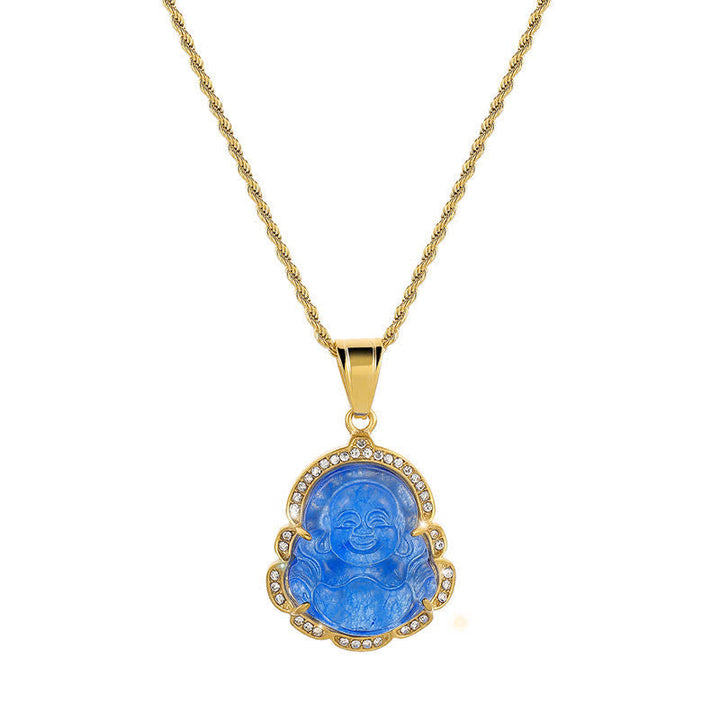 Goldene Kette mit blauem Jade Buddha Lachen Anhänger und Kristallen