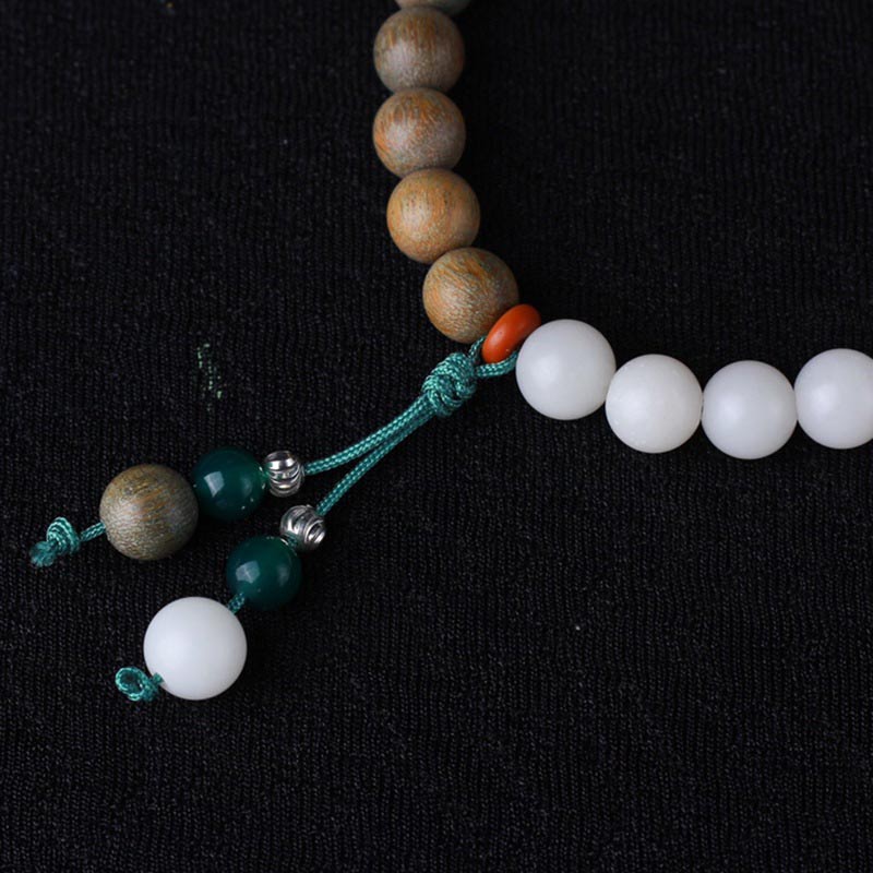 Armband Sandelholz Bodhi – Glück mit weißen Perlen Teal-Schnur