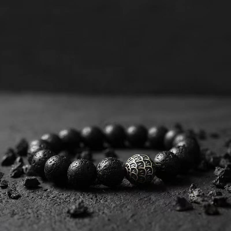 Armband Lavastein – Heilung mit silbernem Ornament Perlen schwarz