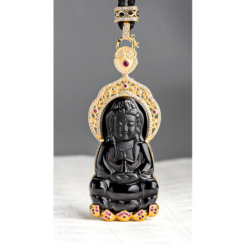 Kette Kwan Yin Schwarze Jade Wohlstand Gold