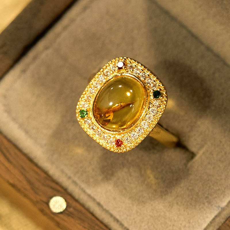Ring Bernstein Blume Quadrat mit Diamanten funkelnd vergoldet