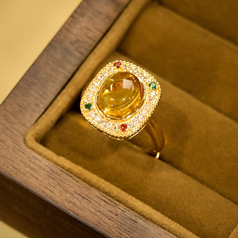 Ring Bernstein Blume Quadrat Goldfassung mit Diamanten Glück Schmuck