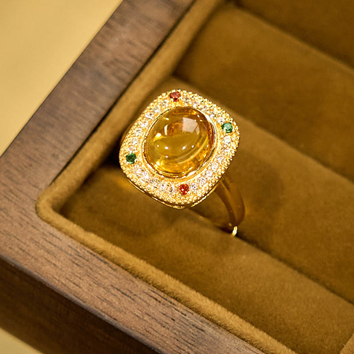 Ring Bernstein Blume Quadrat Goldfassung mit Diamanten Glück Schmuck