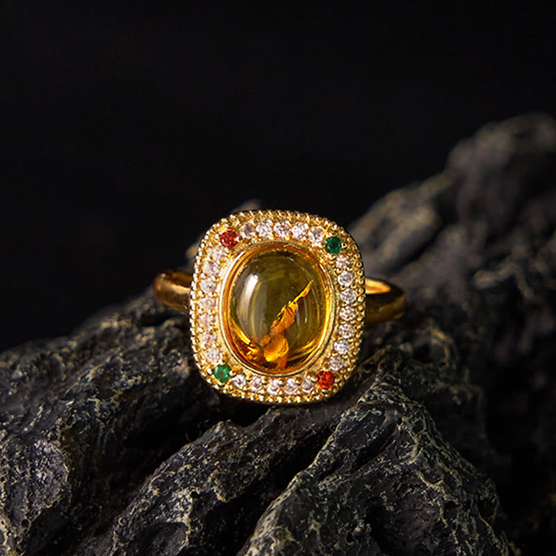 Luxus Ring Bernstein Blume Quadrat mit Goldrahmen und farbigen Steinen