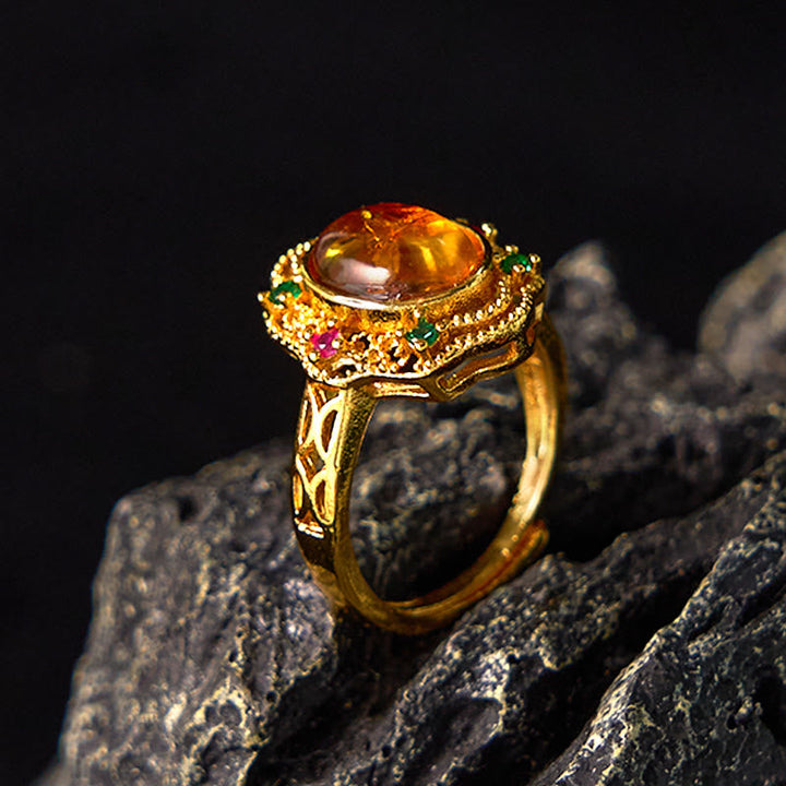 Bernstein Ring Blume Gold Smaragd Rubin Edelstein Fengshui Glück