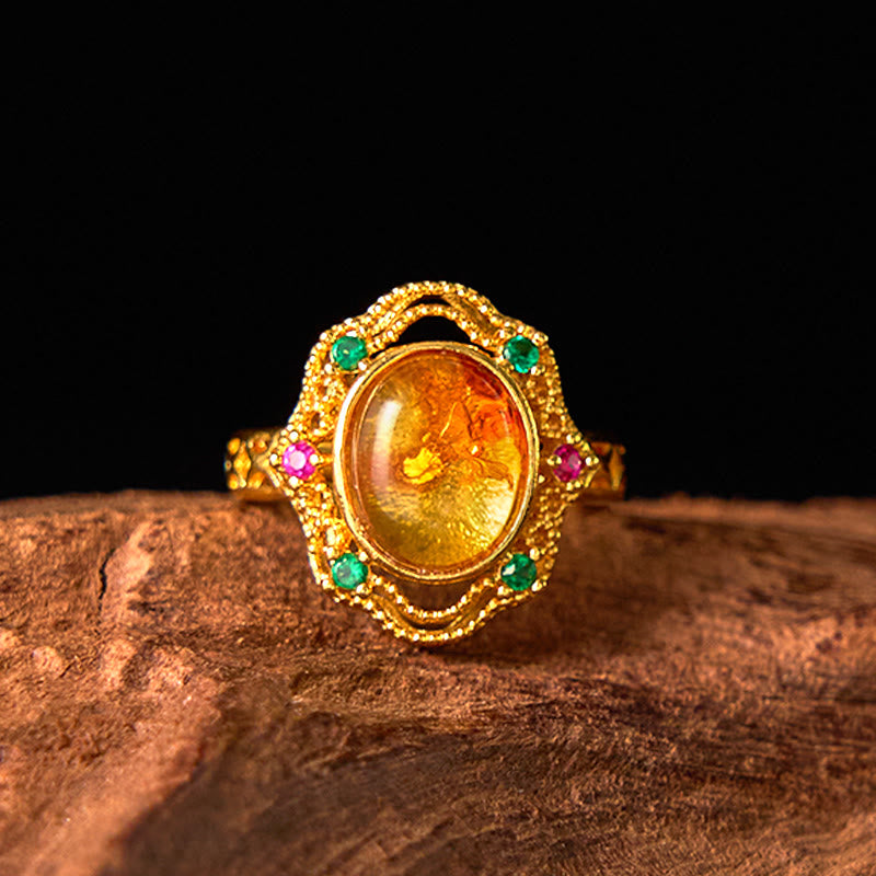 Ring Bernstein Blume vergoldet mit Smaragd Rubin Edelsteinen Vintage