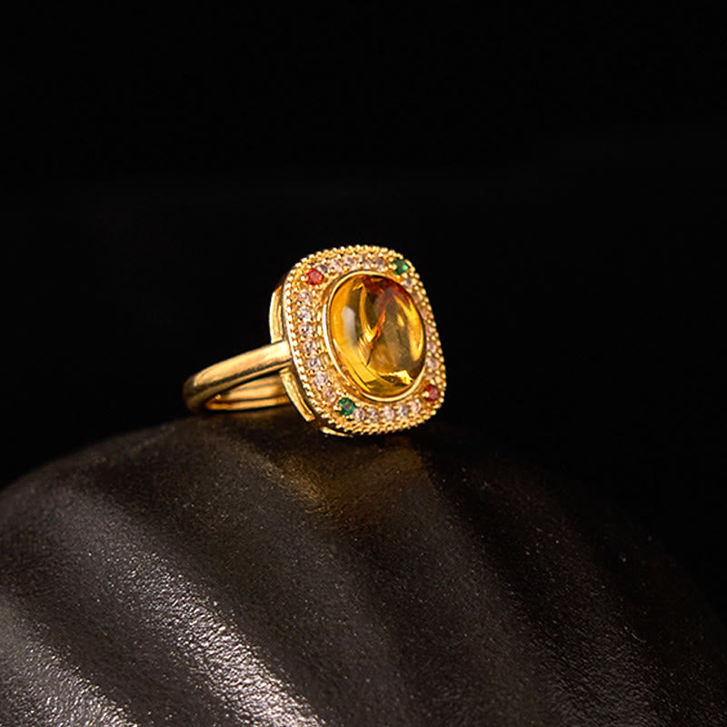 Bernstein Quadrat Ring Gold vergoldet elegante Blume Fassung Schmuck